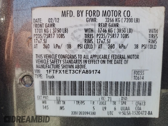2012 Ford F-150 XL with VIN 1FTFX1ET3CFA89174, listed as a Copart auction lot 63709535 with 111,716 mi miles and Clean title. Bid and sale history available at DreamBid. Image 12.