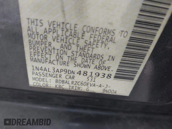 2013 Nissan Altima S with VIN 1N4AL3AP9DN481938, listed as a IAAI auction lot 41885191 with 214,351 mi miles and . Bid and sale history available at DreamBid. Image 9.