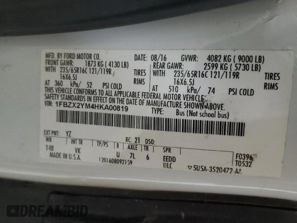 2017 Ford Transit XL z VIN 1FBZX2YM4HKA00819, wystawiony jako Copart lot #49780555 z przebiegiem 251 396 mil mil oraz Nie do naprawy. Historia ofert i sprzedaży dostępna na DreamBid. Obrazek 13.