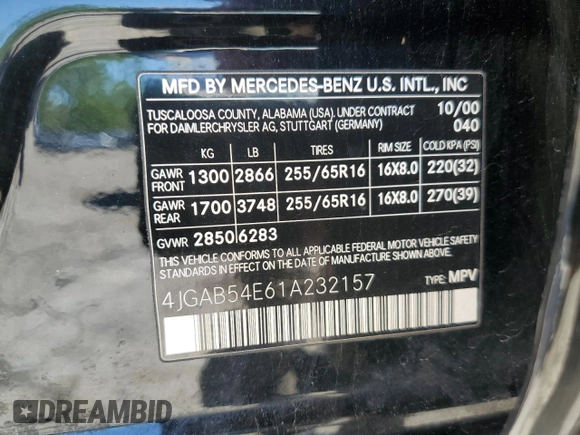 2001 Mercedes-Benz M-Class with VIN 4JGAB54E61A232157, listed as a Copart auction lot 53482584 with 137,549 mi miles and Salvage Title. Bid and sale history available at carsss.com. Image 15.