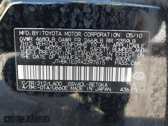 2010 Lexus ES with VIN JTHBK1EG9A2397615, listed as a IAAI auction lot 41945675 with 170,746 mi miles. Bid and sale history available at carsss.com. Image 9.