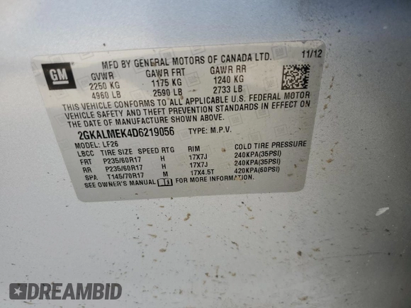 2013 GMC Terrain SLE с VIN 2GKALMEK4D6219056, выставлен на аукционе Copart как лот 54824155 с пробегом 154 730 миль миль и Списание • Salvage title. История ставок и продаж доступна на DreamBid. Изображение 14.