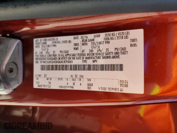 2016 Ford Escape SE z VIN 1FMCU0GX5GUC57593, wystawiony jako Copart lot #56365425 z przebiegiem 121 471 mil mil oraz Szkoda całkowita • Salvage title. Historia ofert i sprzedaży dostępna na DreamBid. Obrazek 12.