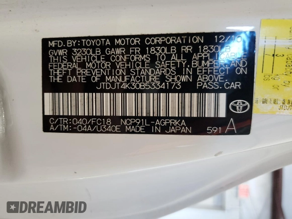 2011 Toyota Yaris with VIN JTDJT4K30B5334173, listed as a Copart auction lot 87031624 with 179,280 mi miles and Salvage Title. Bid and sale history available at carsss.com. Image 12.