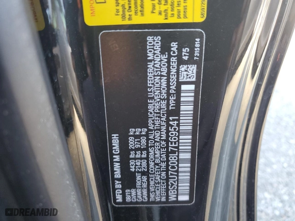 2020 BMW M2 Competition with VIN WBS2U7C08L7E69541, listed as a Copart auction lot 46155245 with 38,343 mi miles and Salvage Title. Bid and sale history available at carsss.com. Image 12.