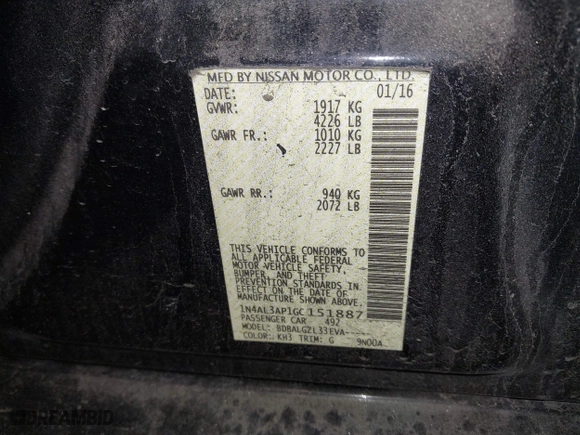 2016 Nissan Altima 2.5 SL with VIN 1N4AL3AP1GC151887, listed as a IAAI auction lot 41674852 with 142,741 mi miles. Bid and sale history available at carsss.com. Image 9.