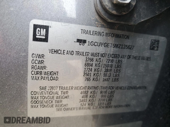2021 Chevrolet Silverado 1500 LTZ with VIN 1GCUYGET5MZ135627, listed as a Copart auction lot 46025674 with Not Provided miles and Salvage Title. Bid and sale history available at DreamBid. Image 12.