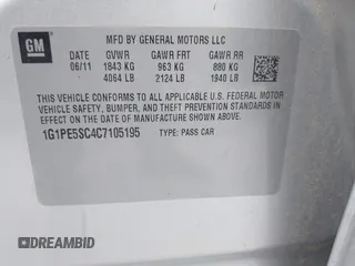 2012 Chevrolet Cruze 1FL with VIN 1G1PE5SC4C7105195, listed as a IAAI auction lot 42055198 with 158,694 mi miles and . Bid and sale history available at DreamBid. Image 9.