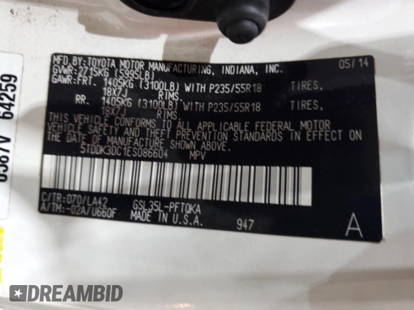 2014 Toyota Sienna Limited z VIN 5TDDK3DC1ES086604, wystawiony jako Copart lot #57044175 z przebiegiem 152 326 mil mil oraz Nie do naprawy • Non repairable. Historia ofert i sprzedaży dostępna na DreamBid. Obrazek 13.
