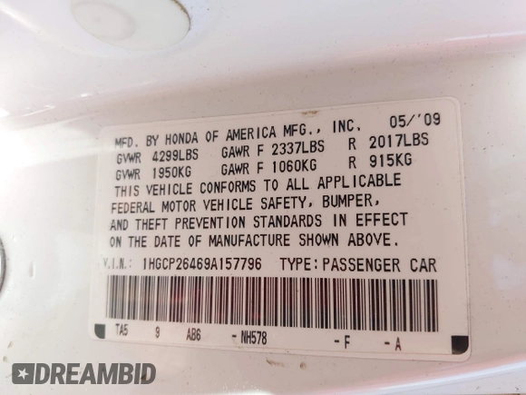 2009 Honda Accord LX-P with VIN 1HGCP26469A157796, listed as a IAAI auction lot 42270687 with 180,061 mi miles and . Bid and sale history available at DreamBid. Image 9.