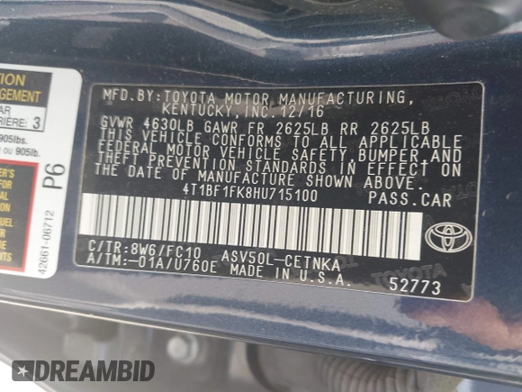 2017 Toyota Camry XLE with VIN 4T1BF1FK8HU715100, listed as a IAAI auction lot 41910692 with 113,438 mi miles. Bid and sale history available at carsss.com. Image 9.