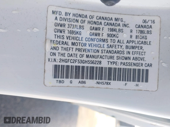 2016 Honda Civic Sedan LX with VIN 2HGFC2F53GH556228, listed as a IAAI auction lot 41867448 with 157,970 mi miles. Bid and sale history available at carsss.com. Image 9.