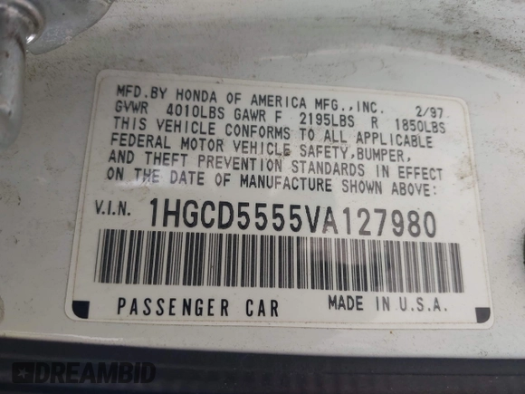 1997 Honda Accord with VIN 1HGCD5555VA127980, listed as a IAAI auction lot 42412772 with 235,367 mi miles and . Bid and sale history available at DreamBid. Image 9.