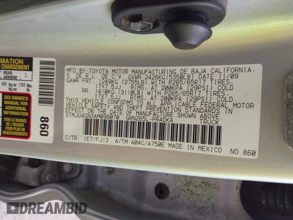 2010 Toyota Tacoma PreRunner with VIN 3TMJU4GN3AM098070, listed as a IAAI auction lot 41973558 with 197,346 mi miles and . Bid and sale history available at DreamBid. Image 9.