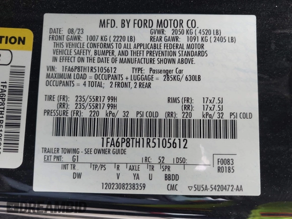 2024 Ford Mustang EcoBoost with VIN 1FA6P8TH1R5105612, listed as a IAAI auction lot 42373472 with 36,594 mi miles and . Bid and sale history available at DreamBid. Image 9.
