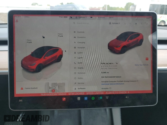 2024 Tesla Model Y Long Range with VIN 7SAYGDEE3RF196043, listed as a Copart auction lot 55693765 with 13,865 mi miles and Salvage title. Bid and sale history available at DreamBid. Image 9.