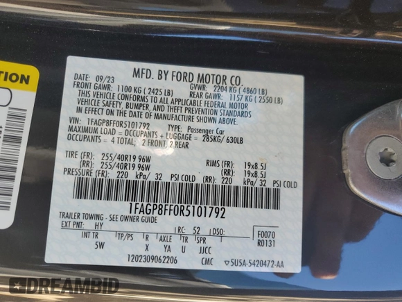 2024 Ford Mustang GT Premium with VIN 1FAGP8FF0R5101792, listed as a Copart auction lot 81476584 with 2,373 mi miles and Salvage title. Bid and sale history available at DreamBid. Image 12.