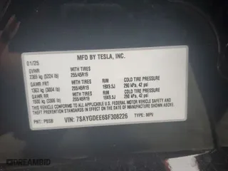 2025 Tesla Model Y Long Range with VIN 7SAYGDEE6SF308226, listed as a Copart auction lot 48006865 with 2,291 mi miles and Salvage Title. Bid and sale history available at carsss.com. Image 15.