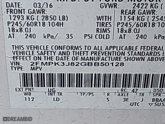 2016 Ford Edge SEL with VIN 2FMPK3J82GBB50128, listed as a IAAI auction lot 41845540 with 114,065 mi miles. Bid and sale history available at carsss.com. Image 9.