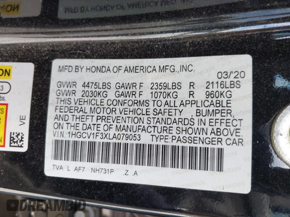 2020 Honda Accord Sport with VIN 1HGCV1F3XLA079053, listed as a IAAI auction lot 42496239 with 113,792 mi miles and . Bid and sale history available at DreamBid. Image 9.