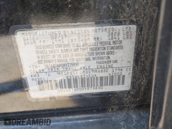 2017 Nissan Sentra SV with VIN 3N1AB7AP0HY275830, listed as a IAAI auction lot 42404390 with 119,856 mi miles and . Bid and sale history available at DreamBid. Image 9.