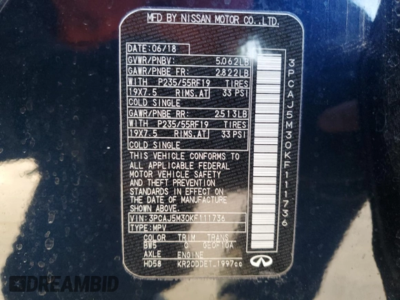 2019 Infiniti QX50 Pure with VIN 3PCAJ5M30KF111736, listed as a Copart auction lot 42020125 with 34,320 mi miles and Clean title. Bid and sale history available at DreamBid. Image 13.