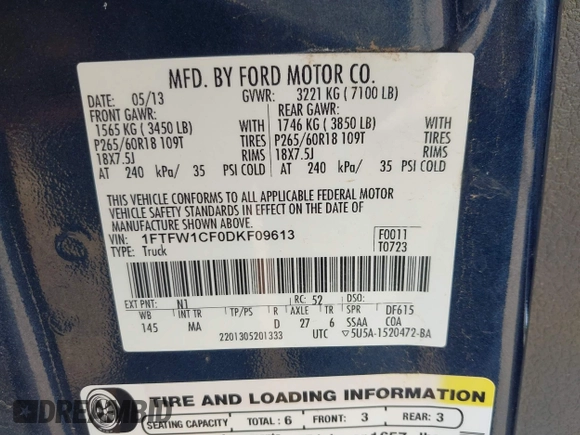 2013 Ford F-150 XL with VIN 1FTFW1CF0DKF09613, listed as a IAAI auction lot 42416505 with 102,413 mi miles and . Bid and sale history available at DreamBid. Image 9.