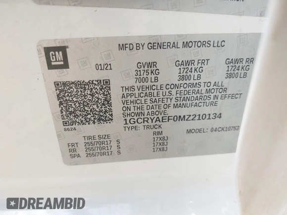 2021 Chevrolet Silverado 1500 Work Truck with VIN 1GCRYAEF0MZ210134, listed as a IAAI auction lot 42114802 with 57,797 mi miles and . Bid and sale history available at DreamBid. Image 9.