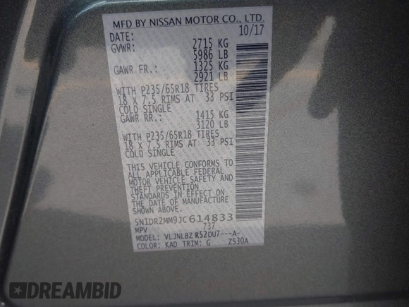 2018 Nissan Pathfinder S z VIN 5N1DR2MM9JC614833, wystawiony jako IAAI lot #42166948 z przebiegiem 157 647 mil mil oraz . Historia ofert i sprzedaży dostępna na DreamBid. Obrazek 9.