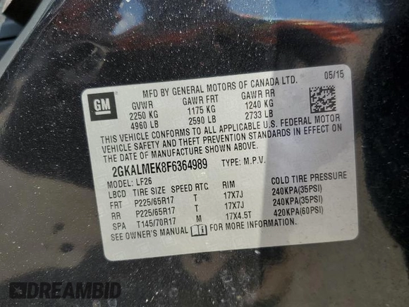 2015 GMC Terrain SLE with VIN 2GKALMEK8F6364989, listed as a Copart auction lot 59565595 with 119,986 mi miles and Salvage title. Bid and sale history available at DreamBid. Image 13.
