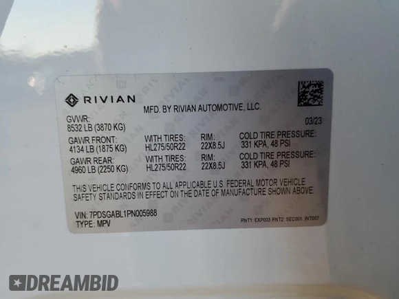 2023 Rivian R1S Launch Edition z VIN 7PDSGABL1PN005988, wystawiony jako Copart lot #42556295 z przebiegiem 19 894 mil mil oraz Szkoda całkowita • Salvage title. Historia ofert i sprzedaży dostępna na DreamBid. Obrazek 14.