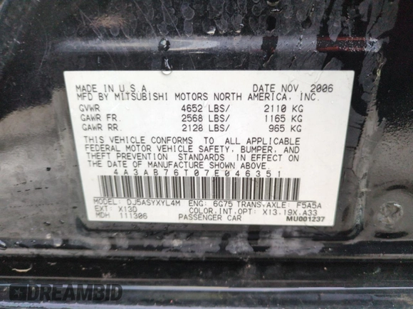 2007 Mitsubishi Galant Ralliart z VIN 4A3AB76T07E046351, wystawiony jako Copart lot #84908614 z przebiegiem 258 078 mil mil oraz Szkoda całkowita • Salvage title. Historia ofert i sprzedaży dostępna na DreamBid. Obrazek 13.
