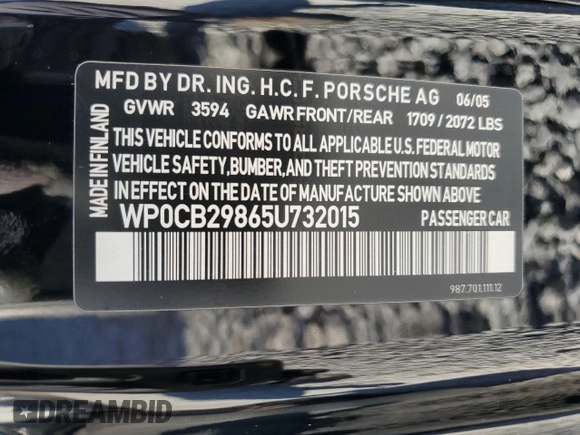2005 Porsche Boxster S с VIN WP0CB29865U732015, выставлен на аукционе Copart как лот 42557885 с пробегом 15 886 миль миль и Списание • Salvage title. История ставок и продаж доступна на DreamBid. Изображение 13.
