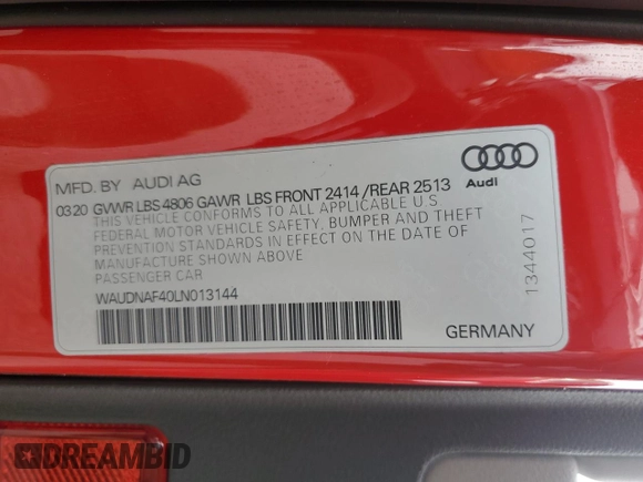 2020 Audi A4 Premium with VIN WAUDNAF40LN013144, listed as a Copart auction lot 56367095 with 22,424 mi miles and Salvage title. Bid and sale history available at DreamBid. Image 12.