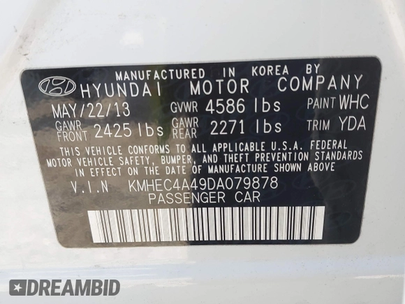 2013 Hyundai Sonata with VIN KMHEC4A49DA079878, listed as a IAAI auction lot 42153088 with 112,271 mi miles and . Bid and sale history available at carsss.com. Image 9.