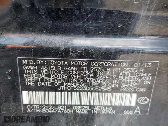 2013 Lexus IS 250 with VIN JTHCF5C23D5062845, listed as a Copart auction lot 48813515 with 124,064 mi miles and Salvage Title. Bid and sale history available at DreamBid. Image 13.