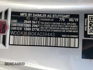 2019 Mercedes-Benz S 63 AMG with VIN WDDXJ8JB0KA039443, listed as a Copart auction lot 71202234 with Not Provided miles and Salvage Title. Bid and sale history available at DreamBid. Image 12.