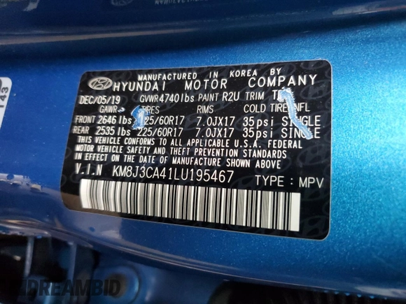 2020 Hyundai Tucson Value с VIN KM8J3CA41LU195467, выставлен на аукционе Copart как лот 56071145 с пробегом 46 261 миль миль и Списание • Salvage title. История ставок и продаж доступна на DreamBid. Изображение 13.