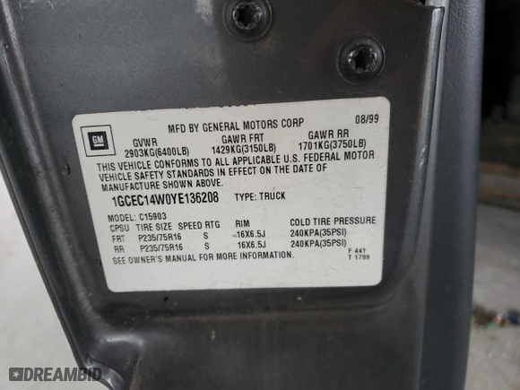 2000 Chevrolet Silverado 1500 with VIN 1GCEC14W0YE136208, listed as a Copart auction lot 45190775 with 152,016 mi miles and Salvage Title. Bid and sale history available at carsss.com. Image 14.