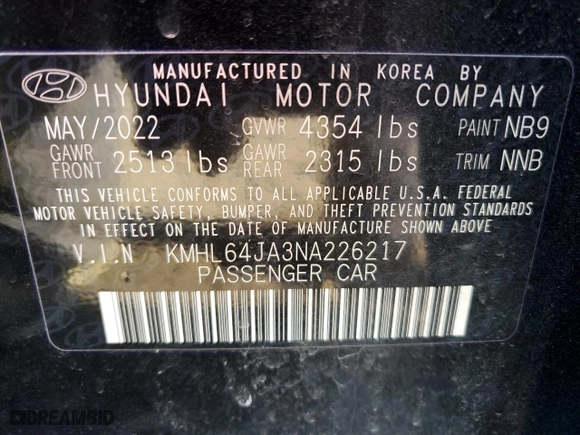 2022 Hyundai Sonata SEL with VIN KMHL64JA3NA226217, listed as a Copart auction lot 87853325 with 29,735 mi miles and Salvage Title. Bid and sale history available at carsss.com. Image 12.
