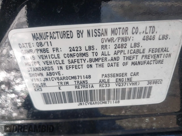 2012 Infiniti G37 x with VIN JN1CV6AR0CM671148, listed as a IAAI auction lot 41607418 with 125,405 mi miles and . Bid and sale history available at DreamBid. Image 9.
