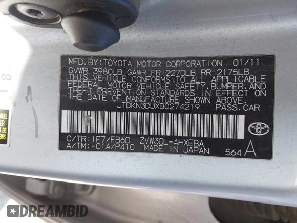 2011 Toyota Prius I z VIN JTDKN3DUXB0274219, wystawiony jako IAAI lot #41691226 z przebiegiem 189 811 mil mil oraz . Historia ofert i sprzedaży dostępna na DreamBid. Obrazek 9.