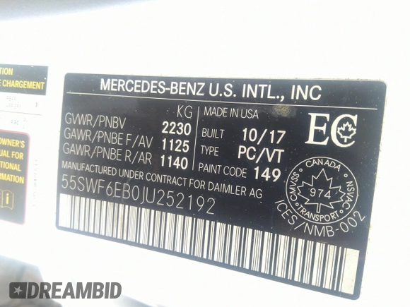 2018 Mercedes-Benz C 43 AMG with VIN 55SWF6EB0JU252192, listed as a IAAI auction lot 36939744 with Not provided miles and . Bid and sale history available at DreamBid. Image 9.