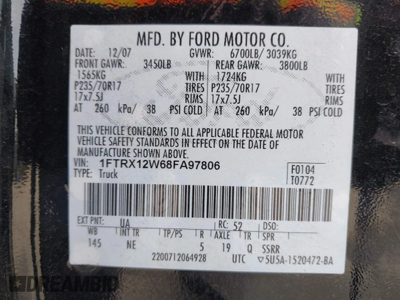 2008 Ford F-150 STX with VIN 1FTRX12W68FA97806, listed as a IAAI auction lot 41741297 with 188,218 mi miles and . Bid and sale history available at carsss.com. Image 9.