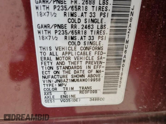 2010 Nissan Murano SL z VIN JN8AZ1MU6AW019958, wystawiony jako Copart lot #51998705 z przebiegiem 182 309 mil mil oraz Szkoda całkowita • Salvage title. Historia ofert i sprzedaży dostępna na DreamBid. Obrazek 13.