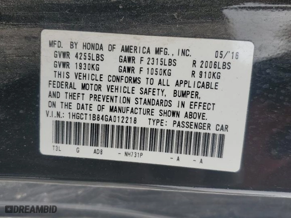2016 Honda Accord Coupe EX-L with VIN 1HGCT1B84GA012218, listed as a Copart auction lot 44013245 with 109,717 mi miles and Salvage Title. Bid and sale history available at carsss.com. Image 15.