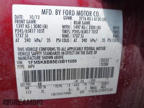 2014 Ford Explorer with VIN 1FM5K8B85EGB11056, listed as a IAAI auction lot 42418943 with 191,923 mi miles and . Bid and sale history available at DreamBid. Image 9.