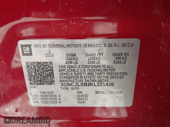 2019 Chevrolet Trax LT with VIN 3GNCJLSB2KL221428, listed as a IAAI auction lot 41805694 with 64,140 mi miles and . Bid and sale history available at carsss.com. Image 9.