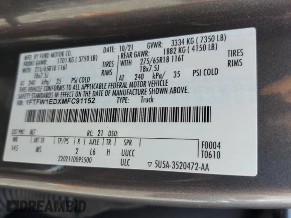 2021 Ford F-150 XL with VIN 1FTFW1EDXMFC91152, listed as a Copart auction lot 58350455 with 59,992 mi miles and Salvage title. Bid and sale history available at DreamBid. Image 13.