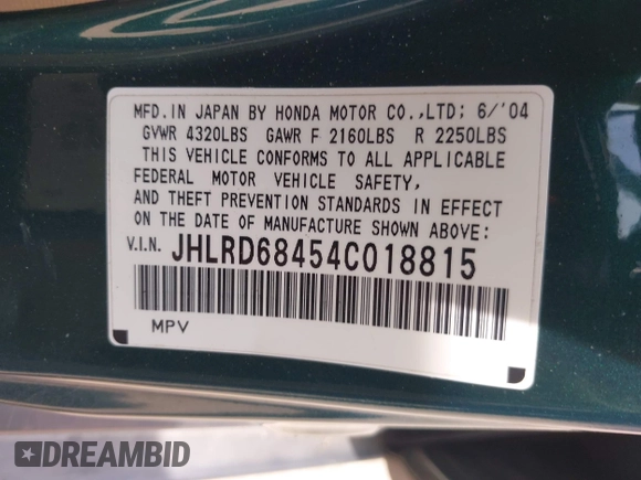 2004 Honda CR-V LX with VIN JHLRD68454C018815, listed as a IAAI auction lot 42077724 with 162,107 mi miles and . Bid and sale history available at carsss.com. Image 9.